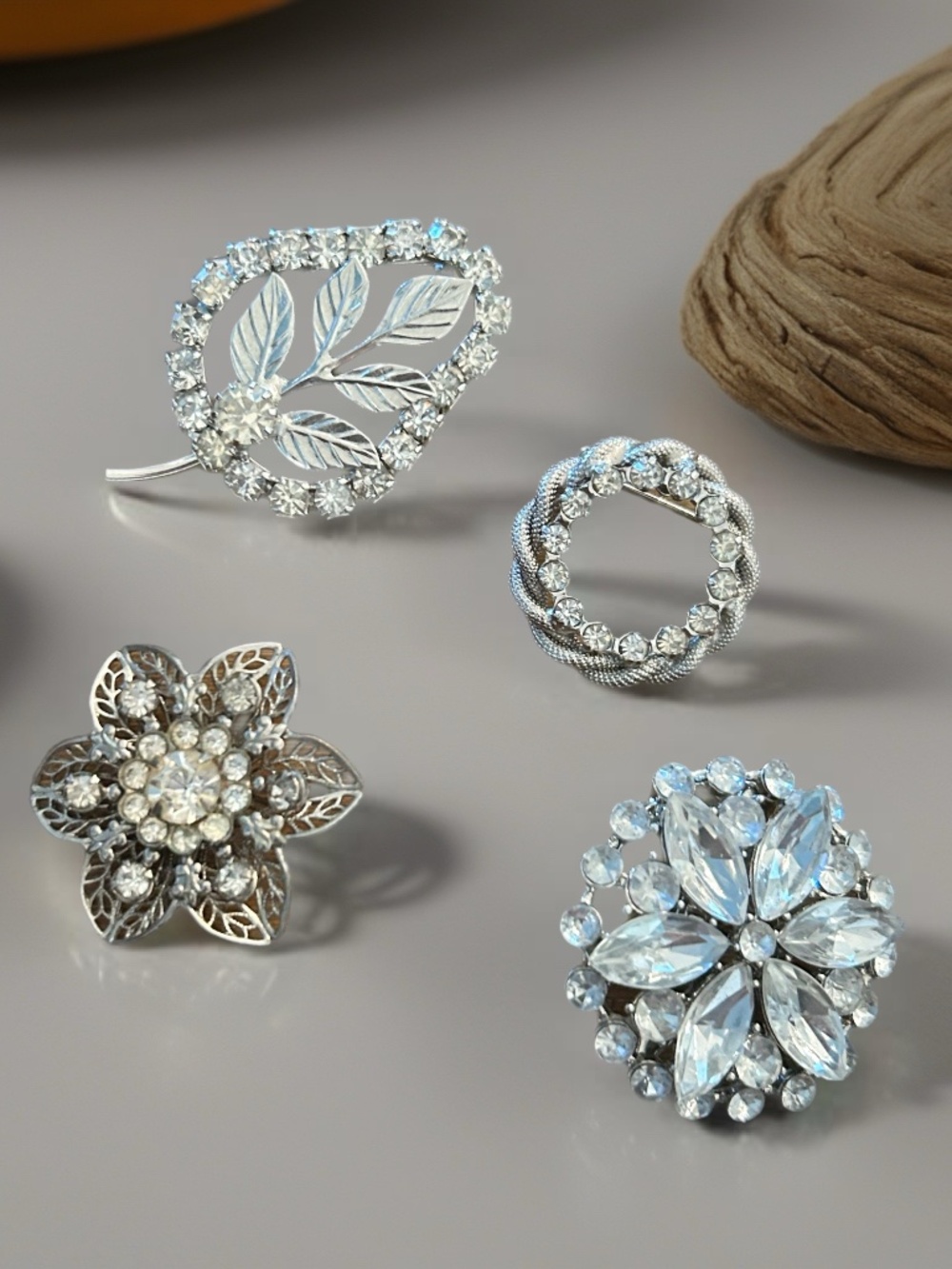 Four Silver Tone Vintage Brooches With Rhinestones 1960’s